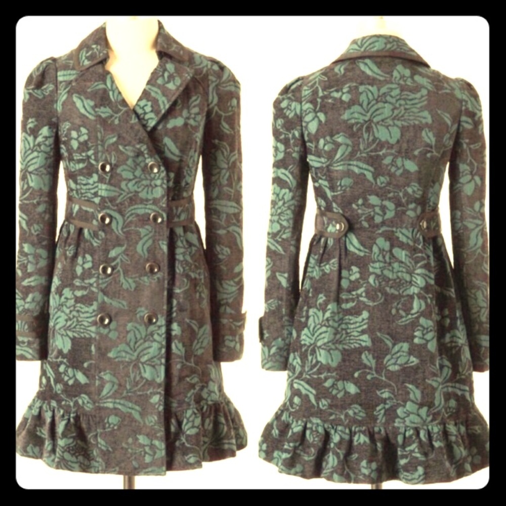 Anthropologie Elevenses Green &Black Jacquard Coat